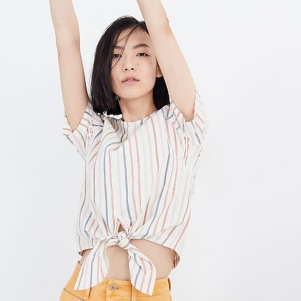 Madewell Striped Button Back Short Sleeve Blouse Shirt Top Size Medium